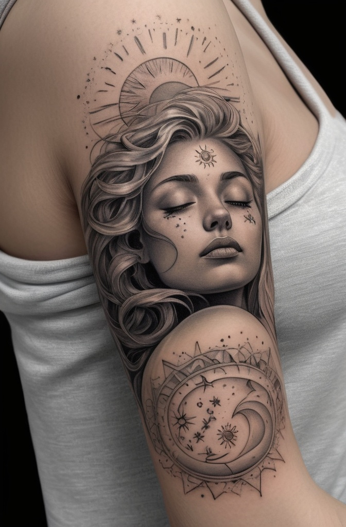 Celestial Sun with Stars and Clouds