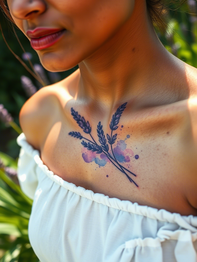 5. Watercolor Lavender Along the Collarbone