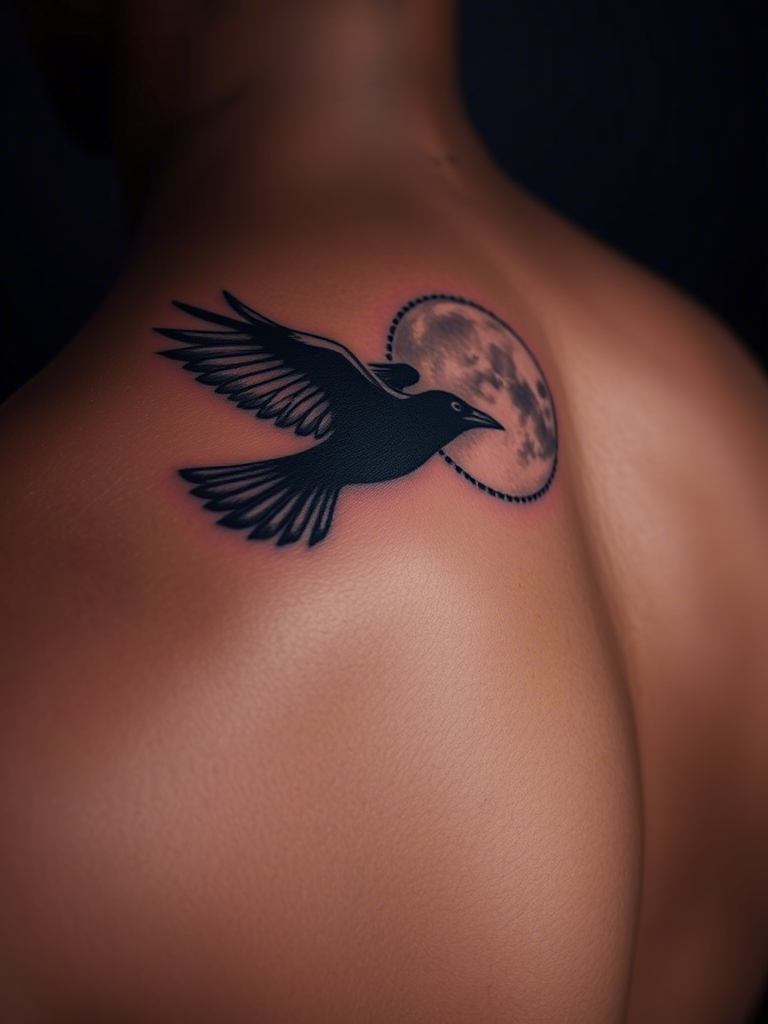 Crow Flying Through a Moonlit Sky