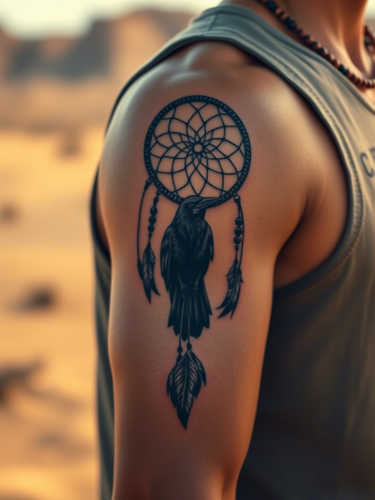 Crow and Feathers in a Dreamcatcher