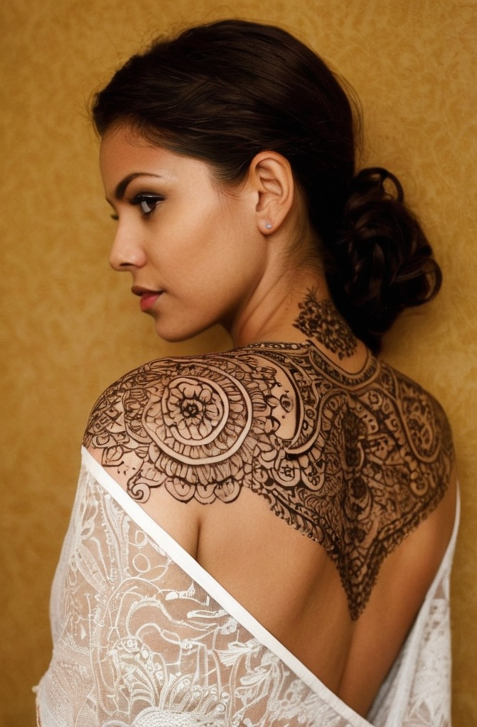 15. Mehndi Shoulder Mantle: Lace-like Inked Grace