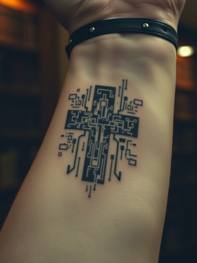 20+ Cyber Sigilism Tattoos of a Cross: Digital Mysticism Meets Sacred Ink
