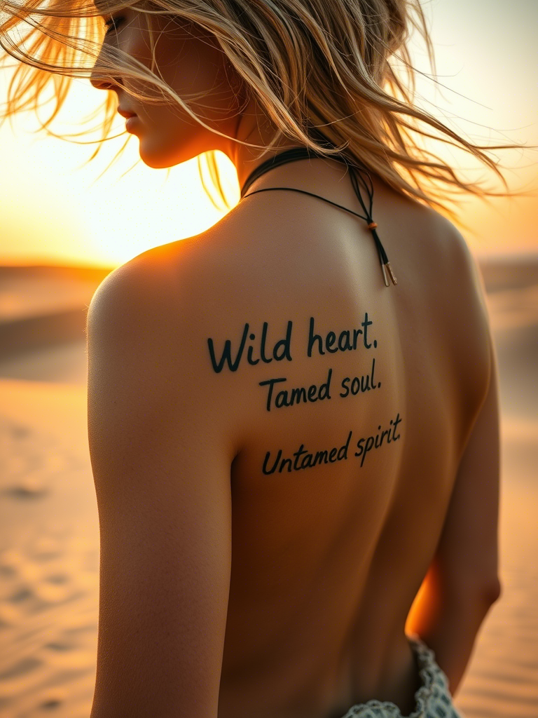 “This too shall pass.”
Capture a close-up of a medium-tone South Asian woman lying on her stomach, her bare back exposed. The camera angle is top-down, showing the quote tattooed vertically down her spine in a flowing, almost calligraphic cursive font. Her dark brown hair cascades over one shoulder like spilled ink. A soft white linen sheet loosely drapes around her waist, contrasting gently with her warm skin tone. The lighting is warm and natural, golden hour hues bathing her skin in light. A single marigold flower rests beside her hand in frame, subtly symbolizing endurance and hope. The tattoo stands as a quiet mantra, blending serenity with depth.

